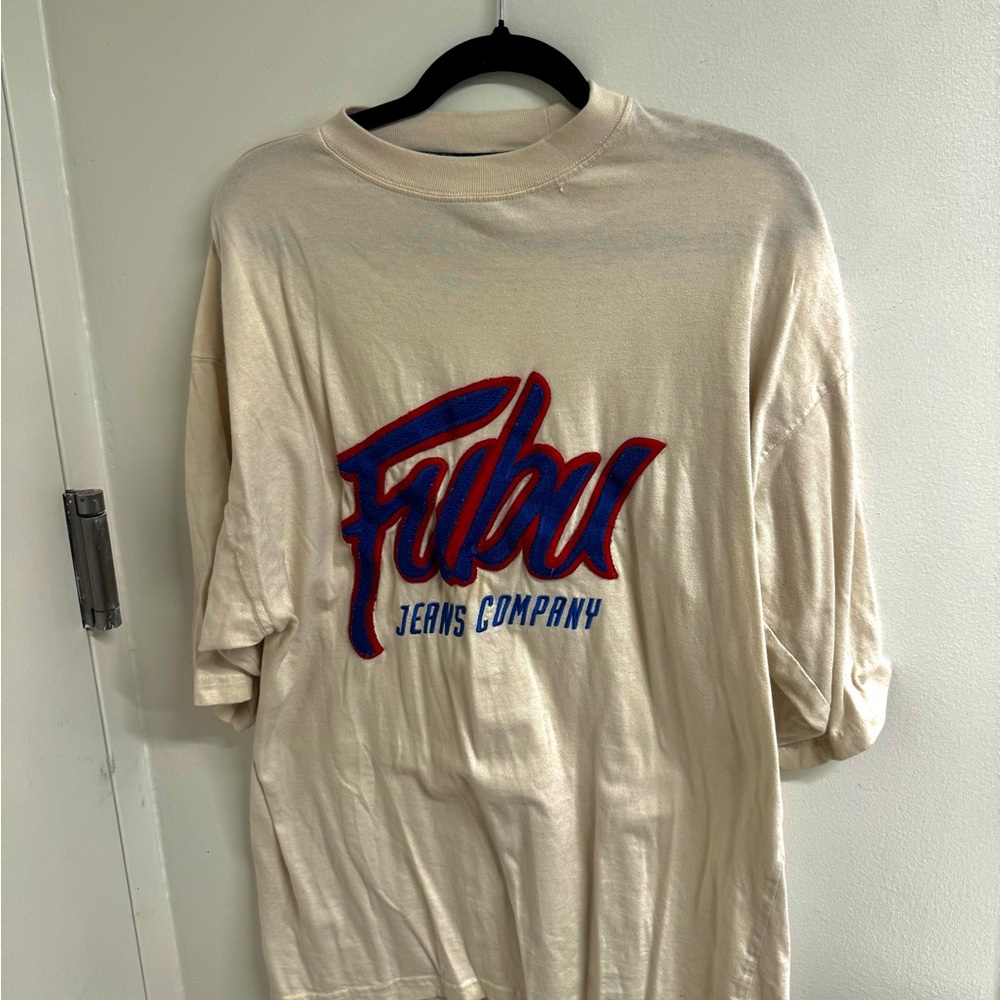 FUBU Cream Short Sleeve Tee with Red & Blue Script Logo